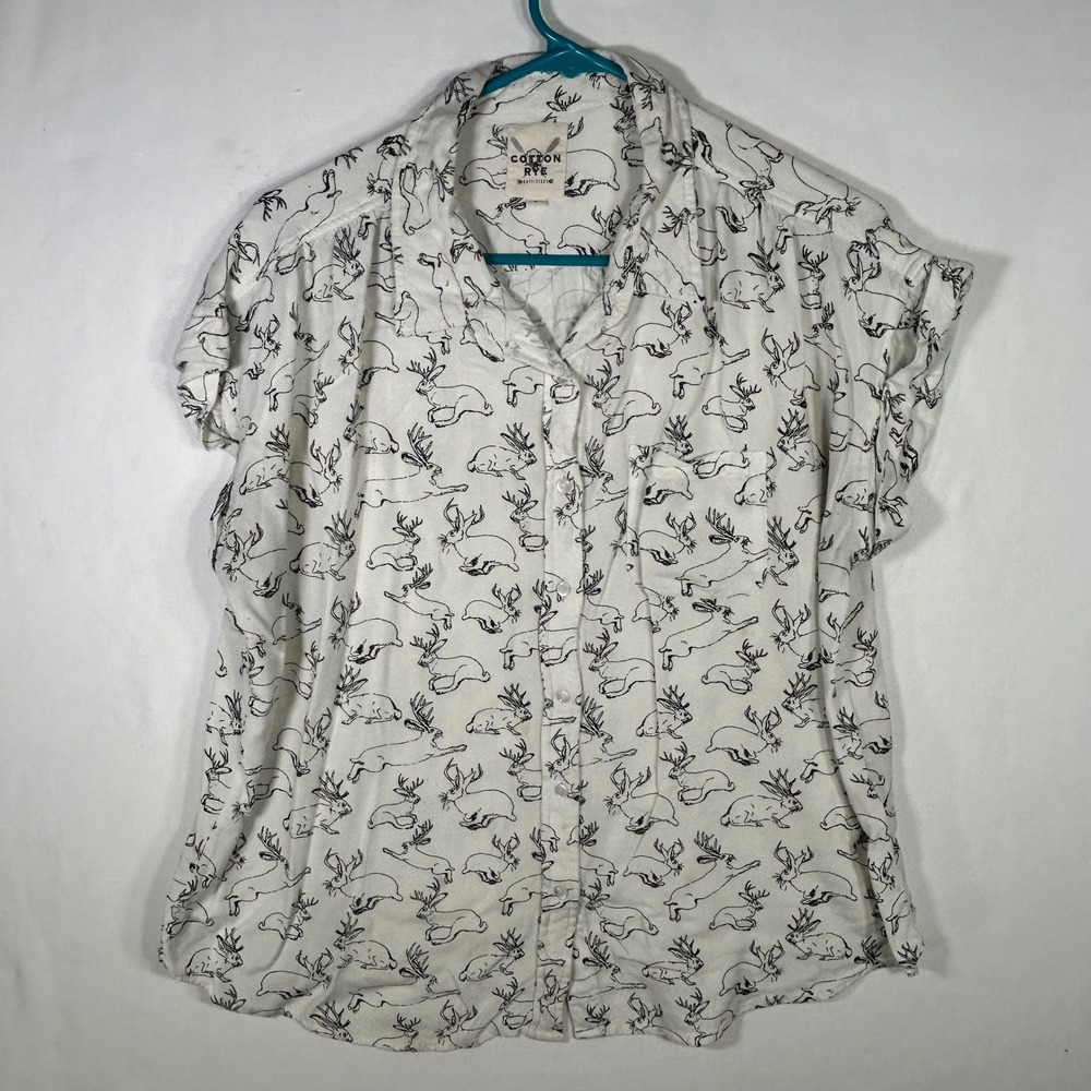 Cotton Rye Outfitters Jackalope Print Button Down Shirt White Black Women Large